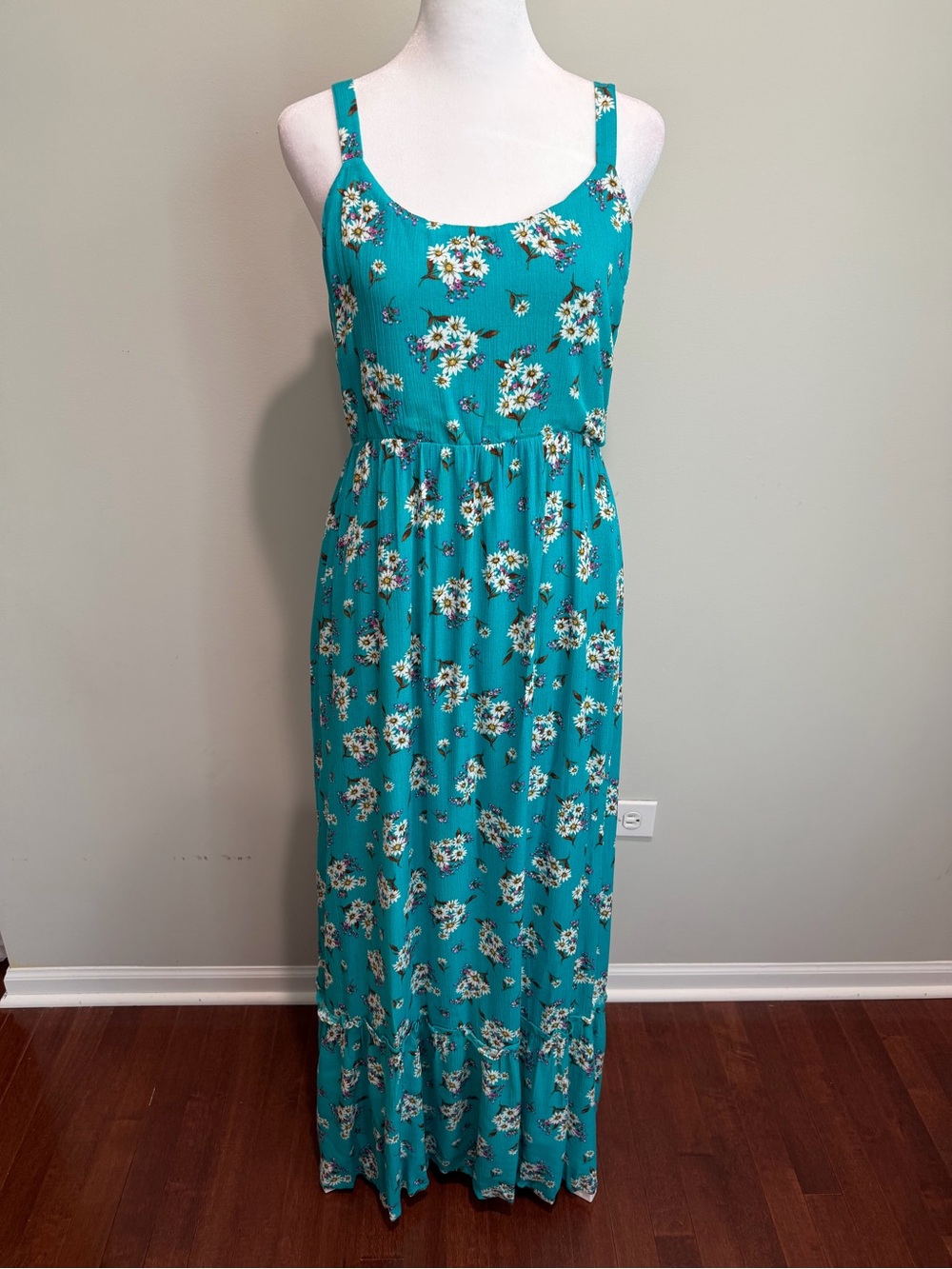 white birch Teal Floral Maxi Dress with Adjustable Spaghetti Straps and Pockets